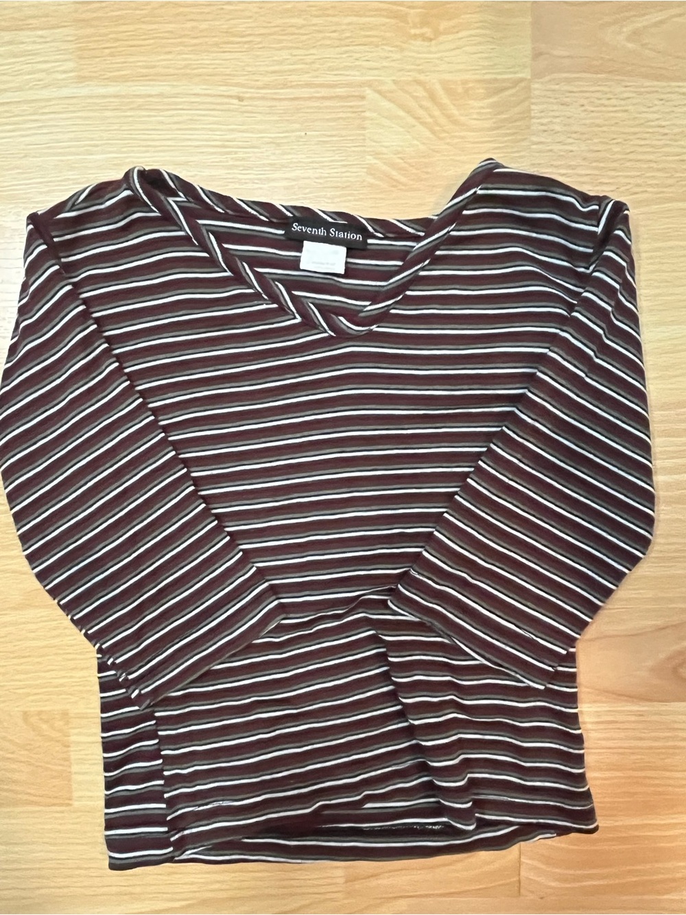 Burgundy Striped V-Neck Long Sleeve Tee